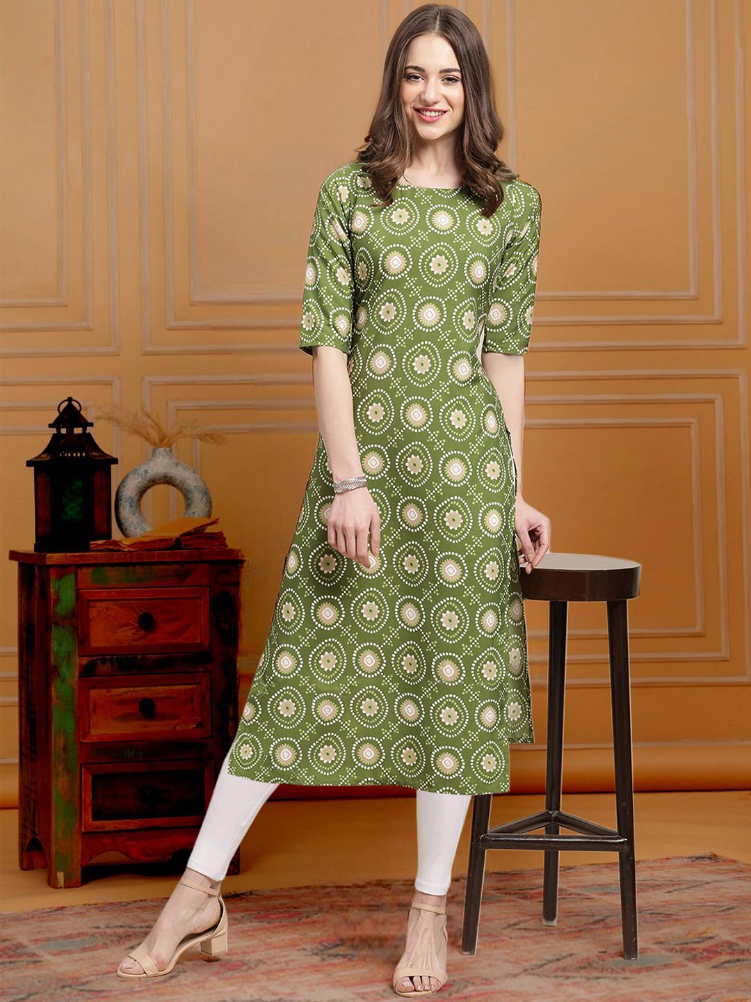 

7Threads Ethnic Motifs Printed Round Neck Short Sleeves Regular Straight Kurta, Olive