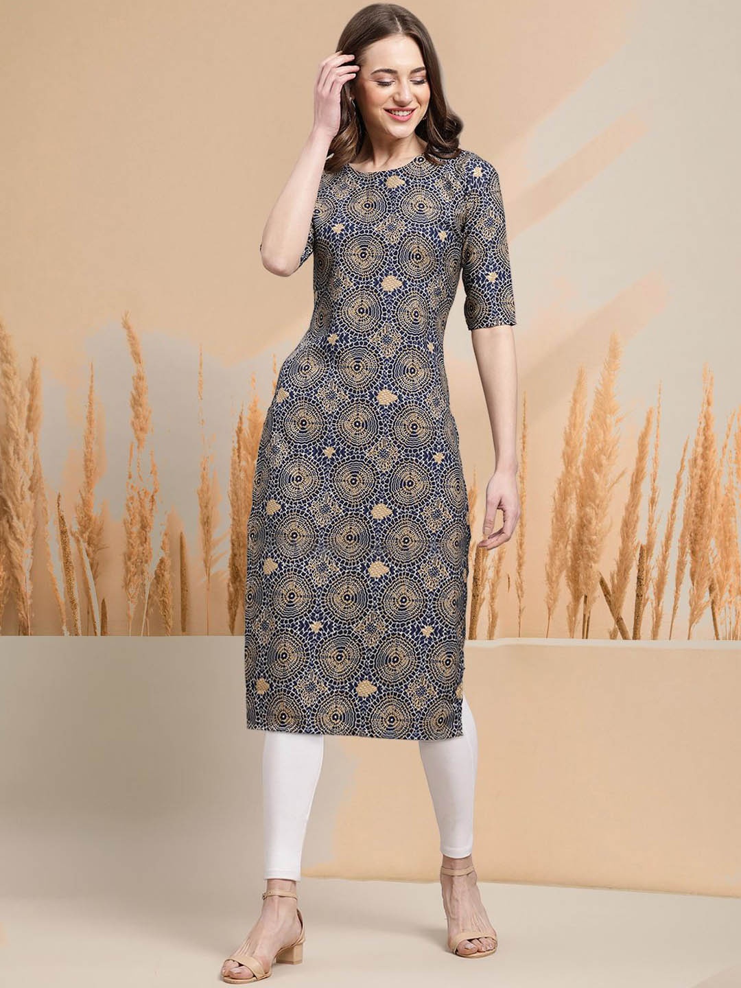 

7Threads Ethnic Motifs Printed Round Neck Short Sleeves Regular Straight Kurta, Blue