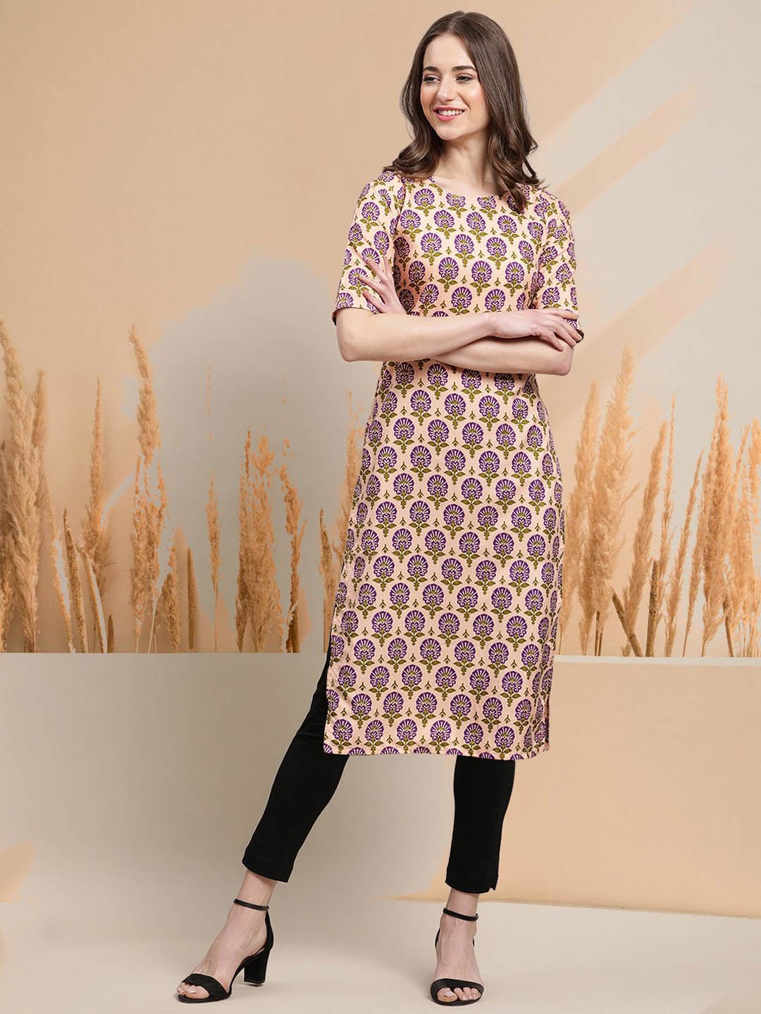 

7Threads Floral Printed Round Neck Short Sleeves Regular Straight Kurta, Beige