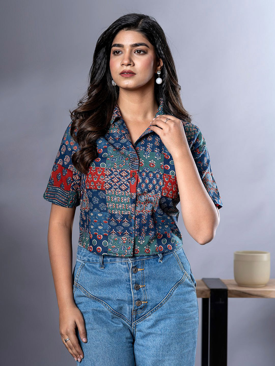 

BAESD Women Printed Cotton Shirt Style Crop Top, Blue