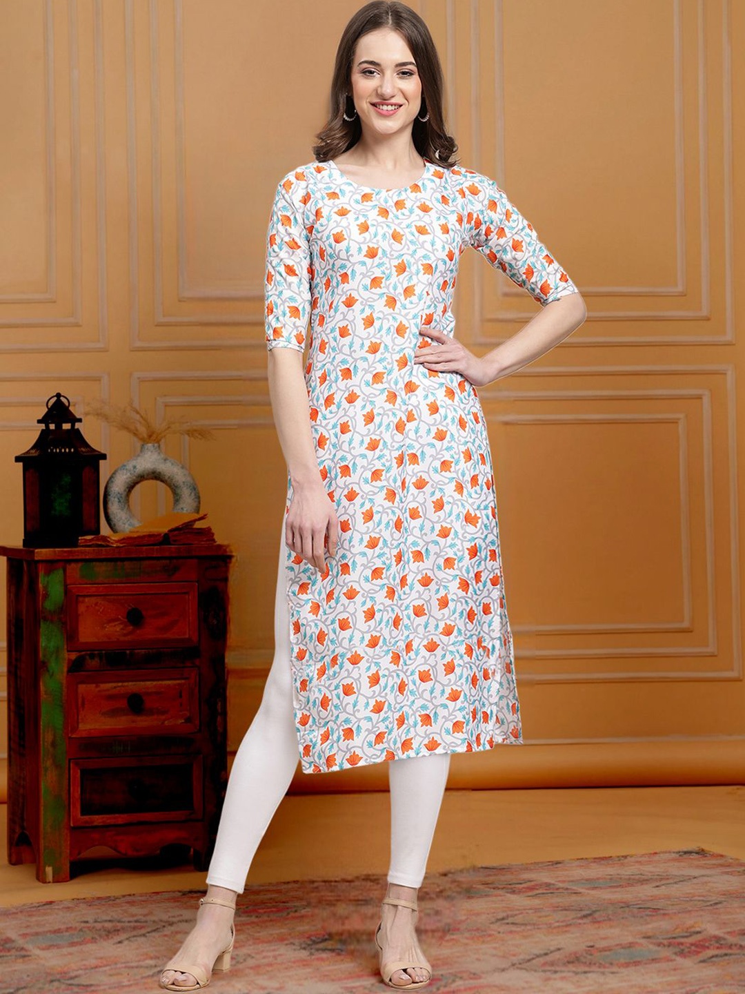 

7Threads Floral Printed Round Neck Short Sleeves Regular Straight Kurta, White