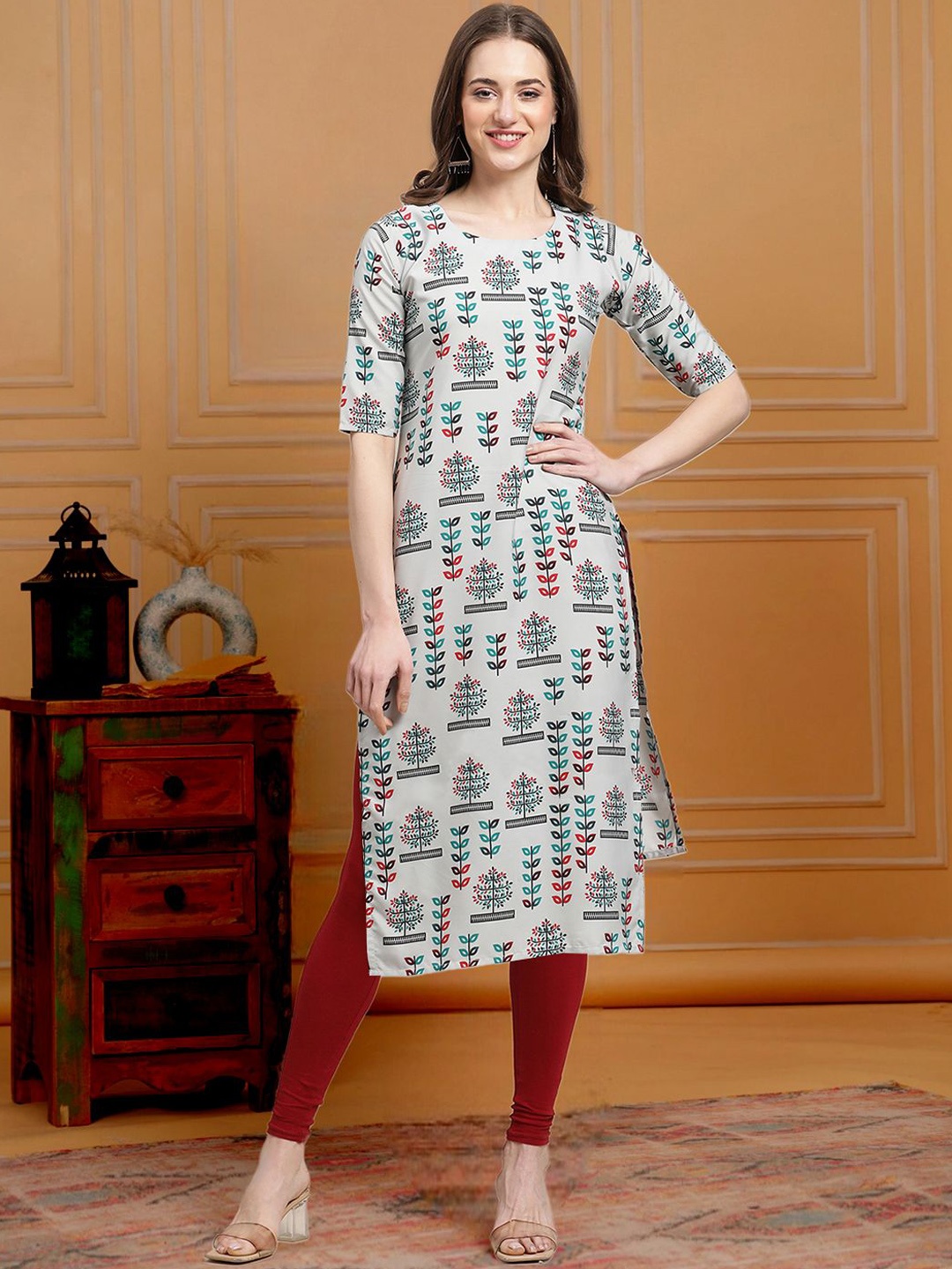 

7Threads Floral Printed Round Neck Short Sleeves Regular Straight Kurta, Grey