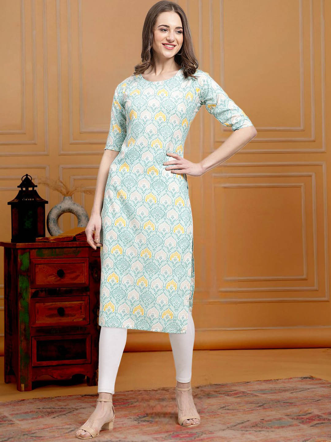 

7Threads Ethnic Motifs Printed Round Neck Short Sleeves Regular Straight Kurta, Blue