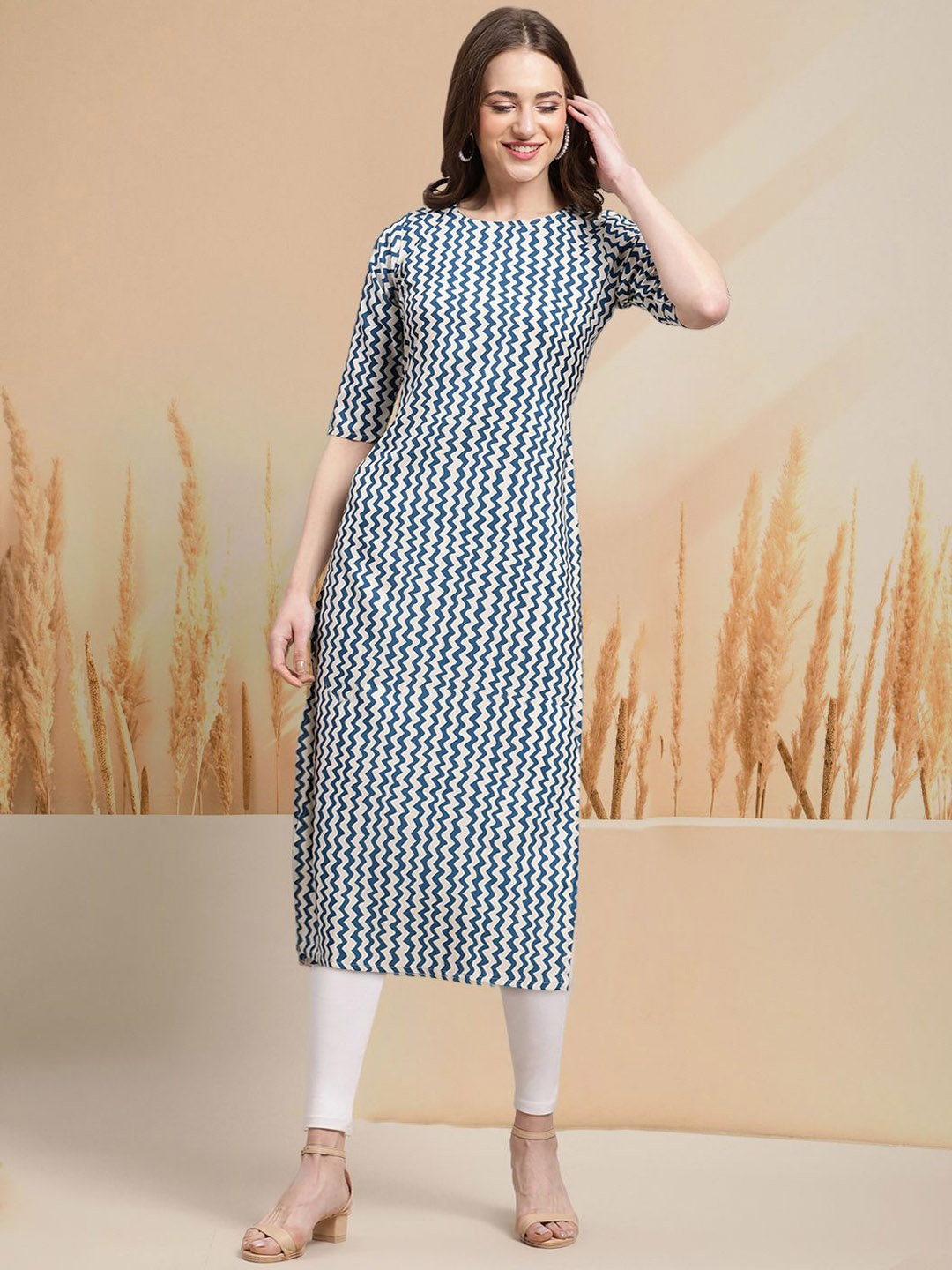 

7Threads Chevron Printed Crepe Straight Kurta, Blue