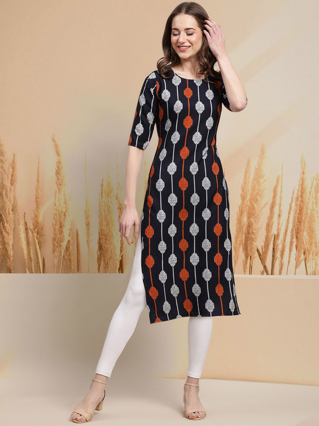 

7Threads Geometric Printed Crepe Straight Kurta, Black