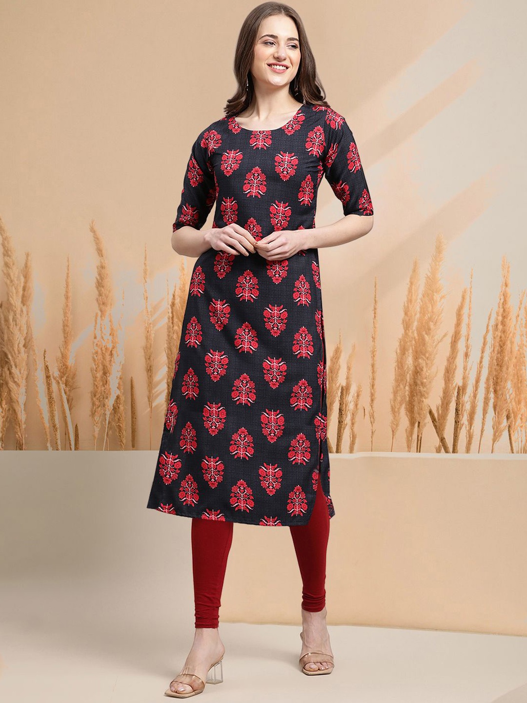 

7Threads Floral Printed Crepe Straight Kurta, Blue