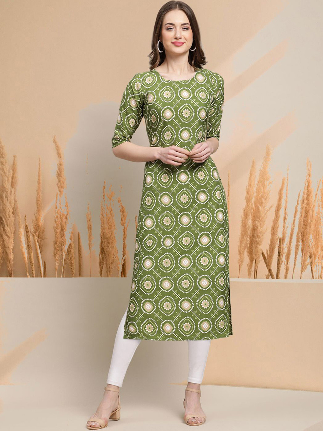 

7Threads Geometric Printed Crepe Straight Kurta, Olive