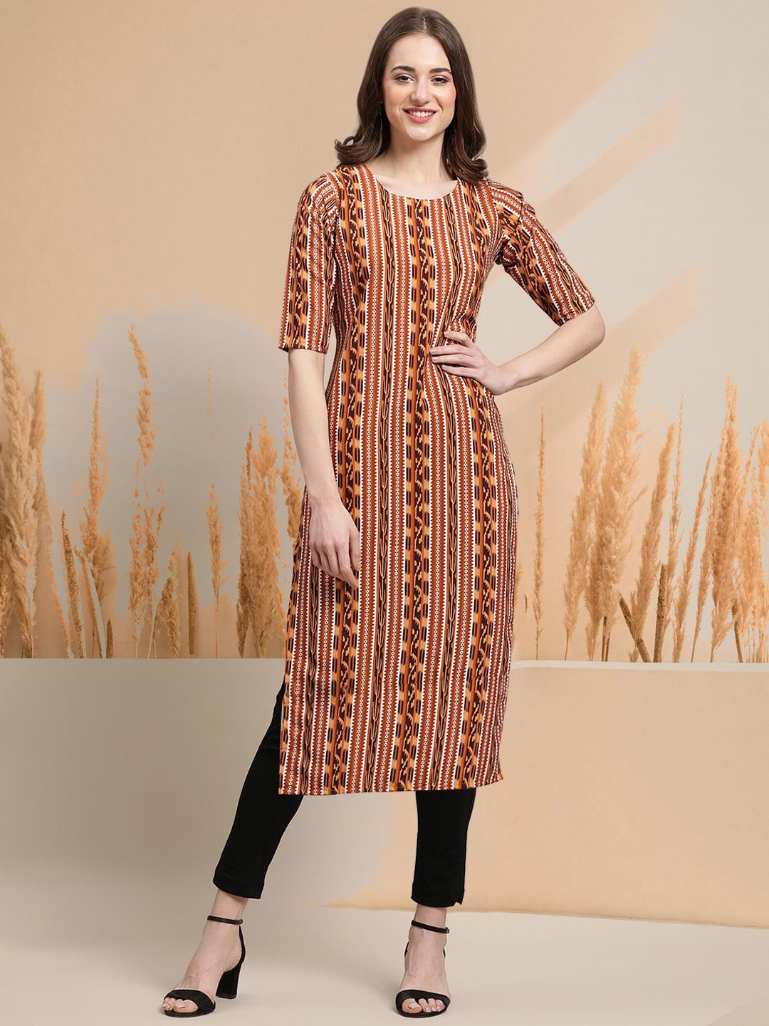 

7Threads Geometric Printed Crepe Straight Kurta, Brown