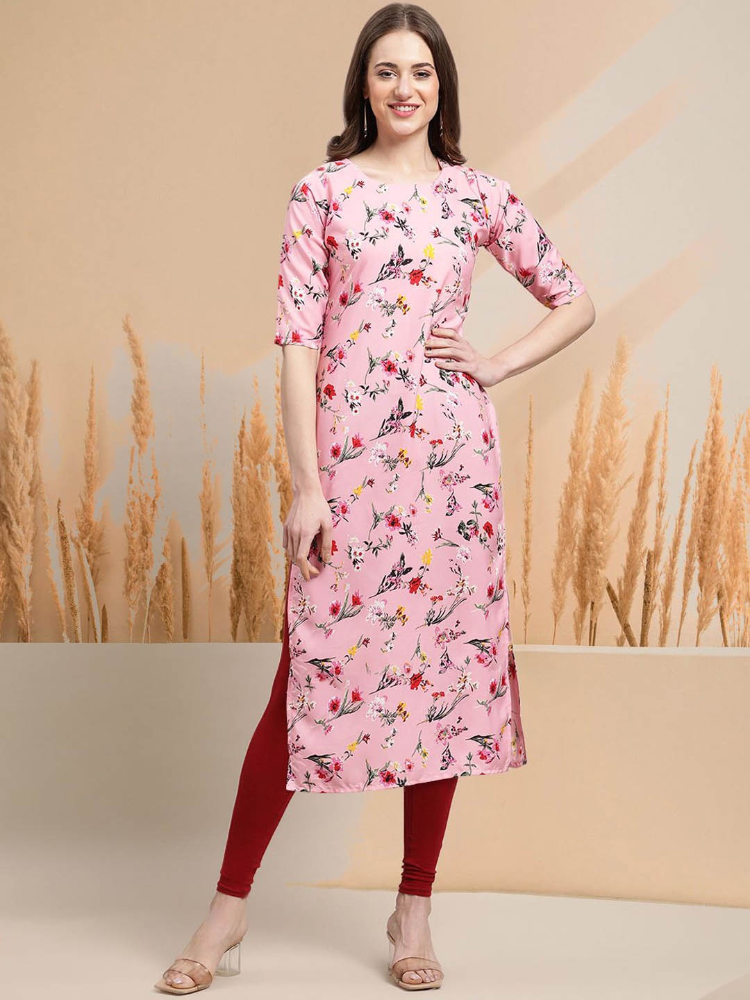 

7Threads Floral Printed Crepe Straight Kurta, Pink