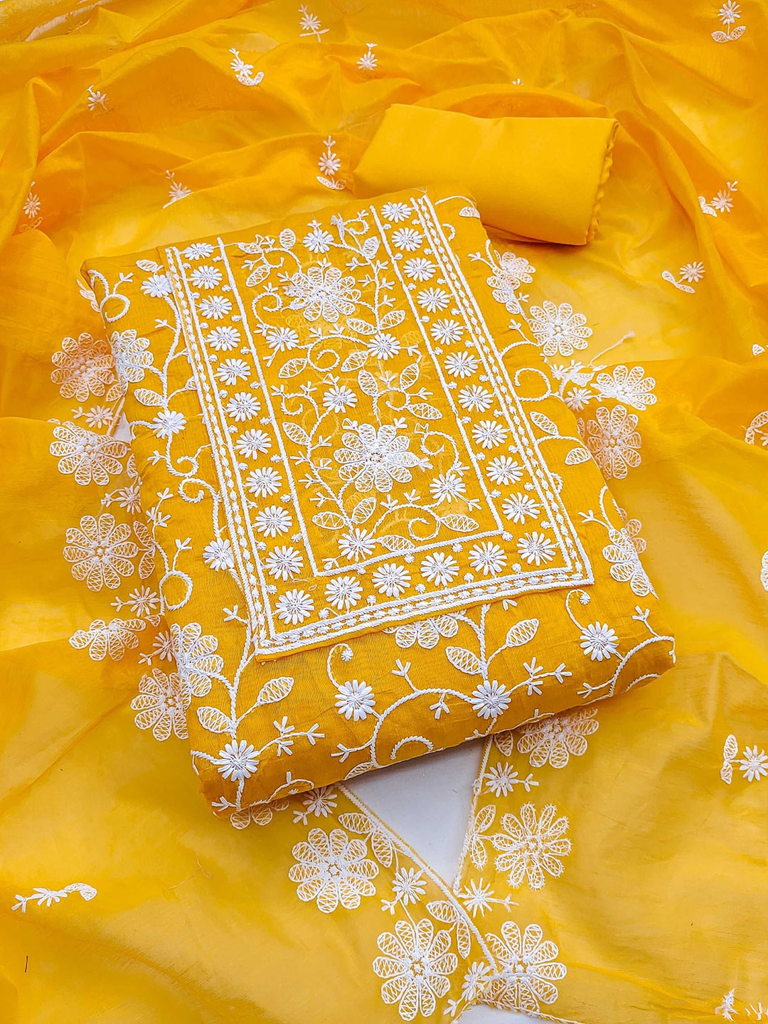 

KALINI Floral Embroidered Zari Chanderi Silk Unstitched Dress Material, Yellow