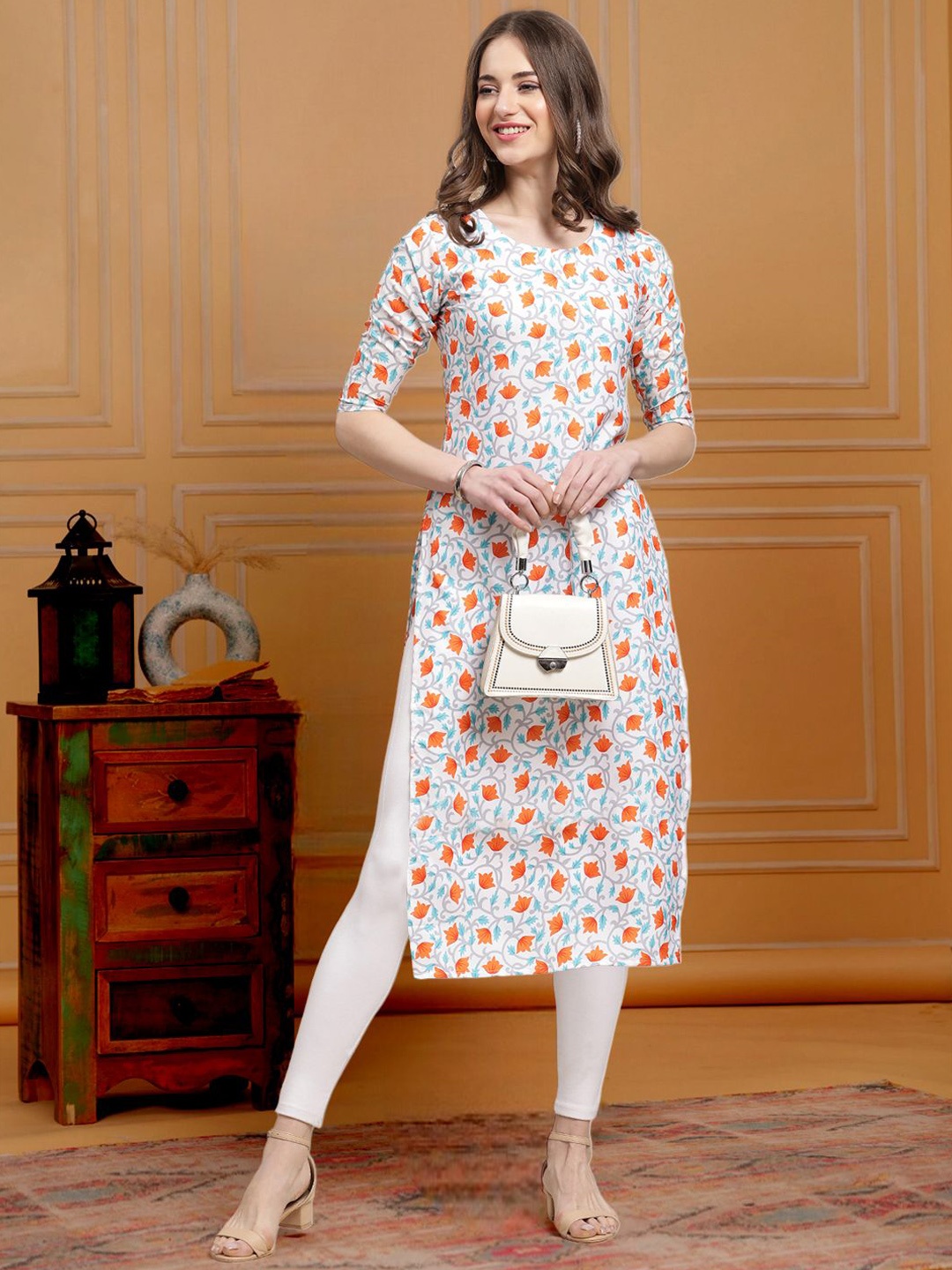 

7Threads Ethnic Motifs Printed Crepe Straight Kurta, White