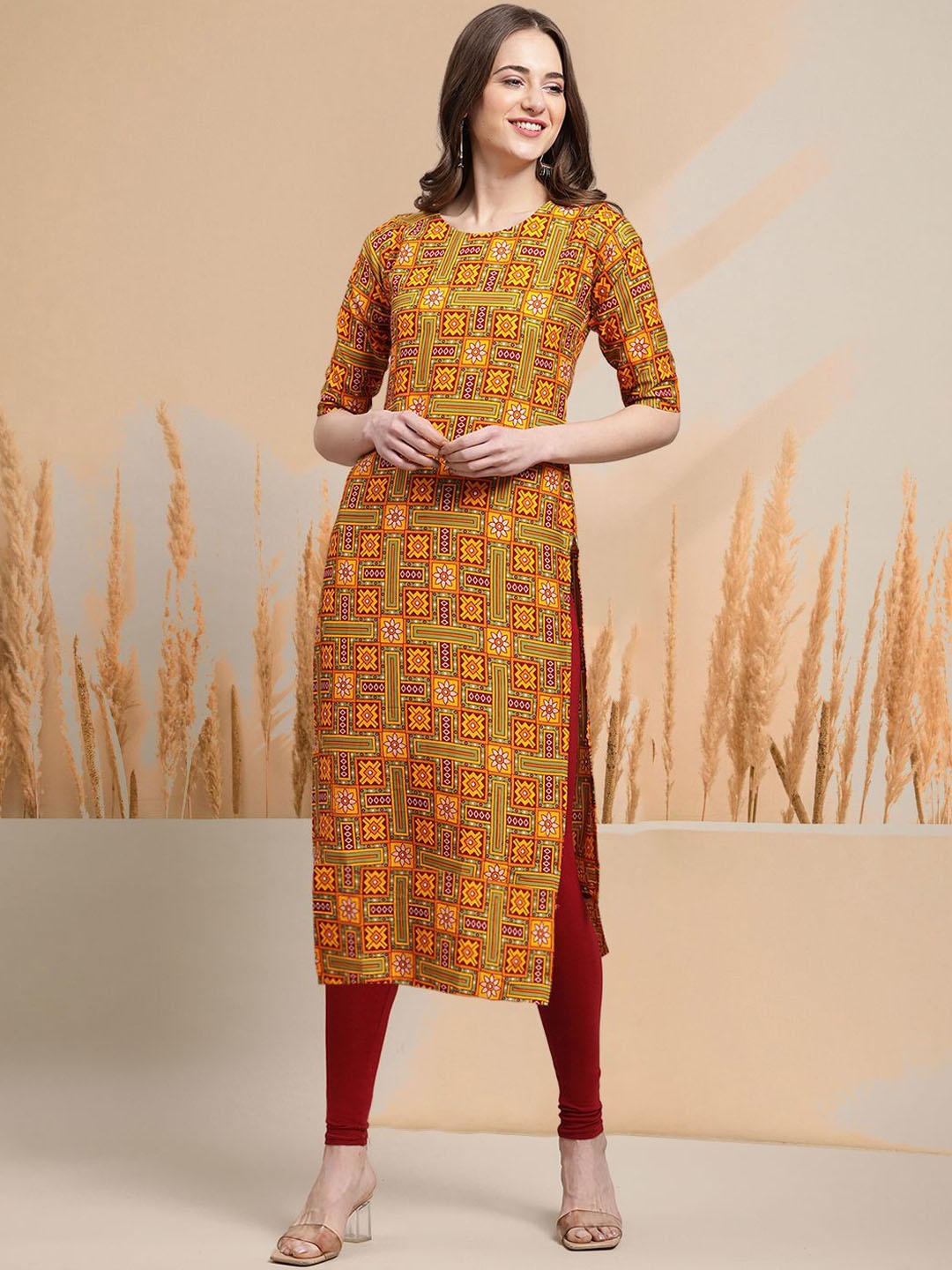 

7Threads Geometric Printed Crepe Straight Kurta, Mustard