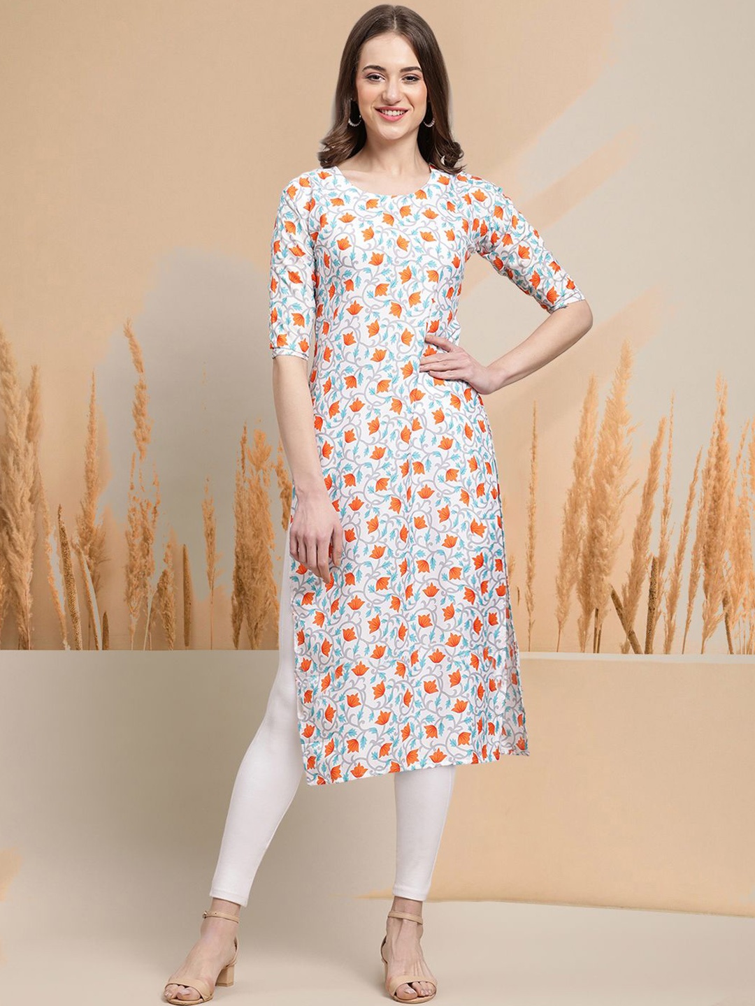 

7Threads Floral Printed Crepe Straight Kurta, White