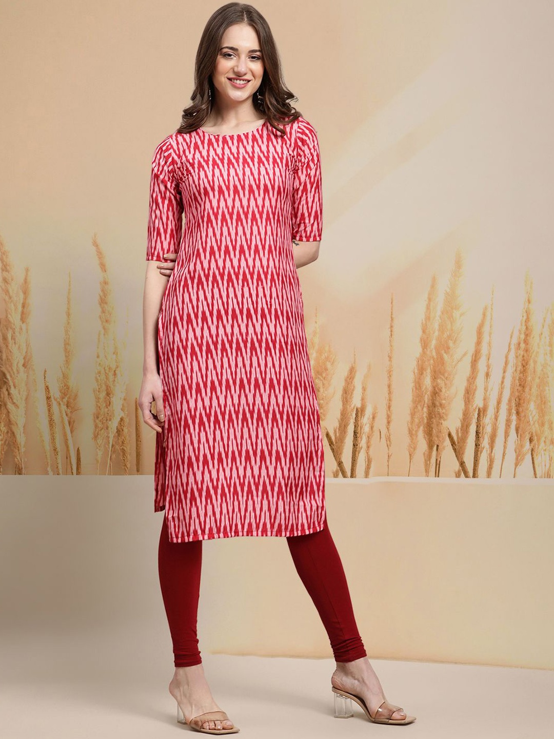 

7Threads Chevron Printed Crepe Straight Kurta, Pink