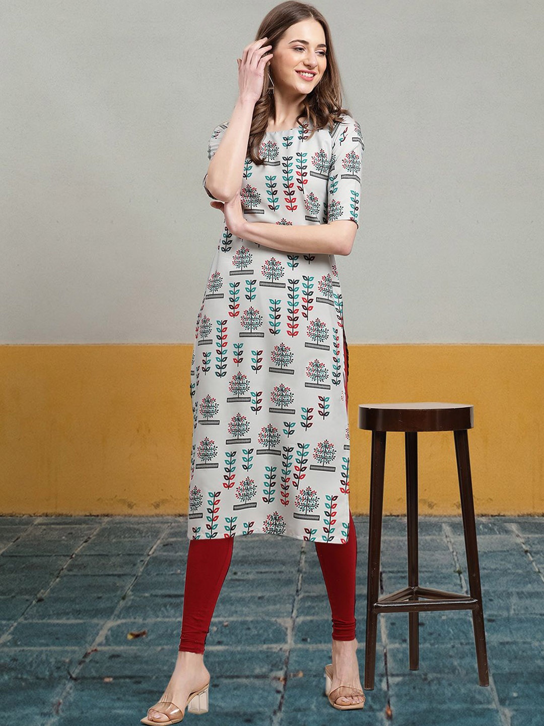 

7Threads Ethnic Motifs Printed Crepe Straight Kurta, Grey