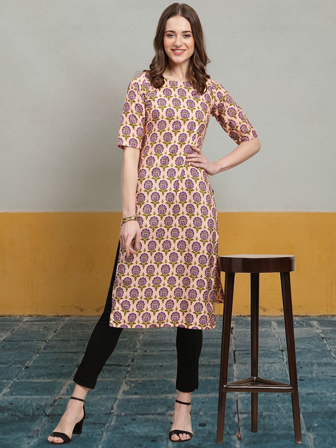 

7Threads Ethnic Motifs Printed Round Neck Crepe Straight Kurta, Beige