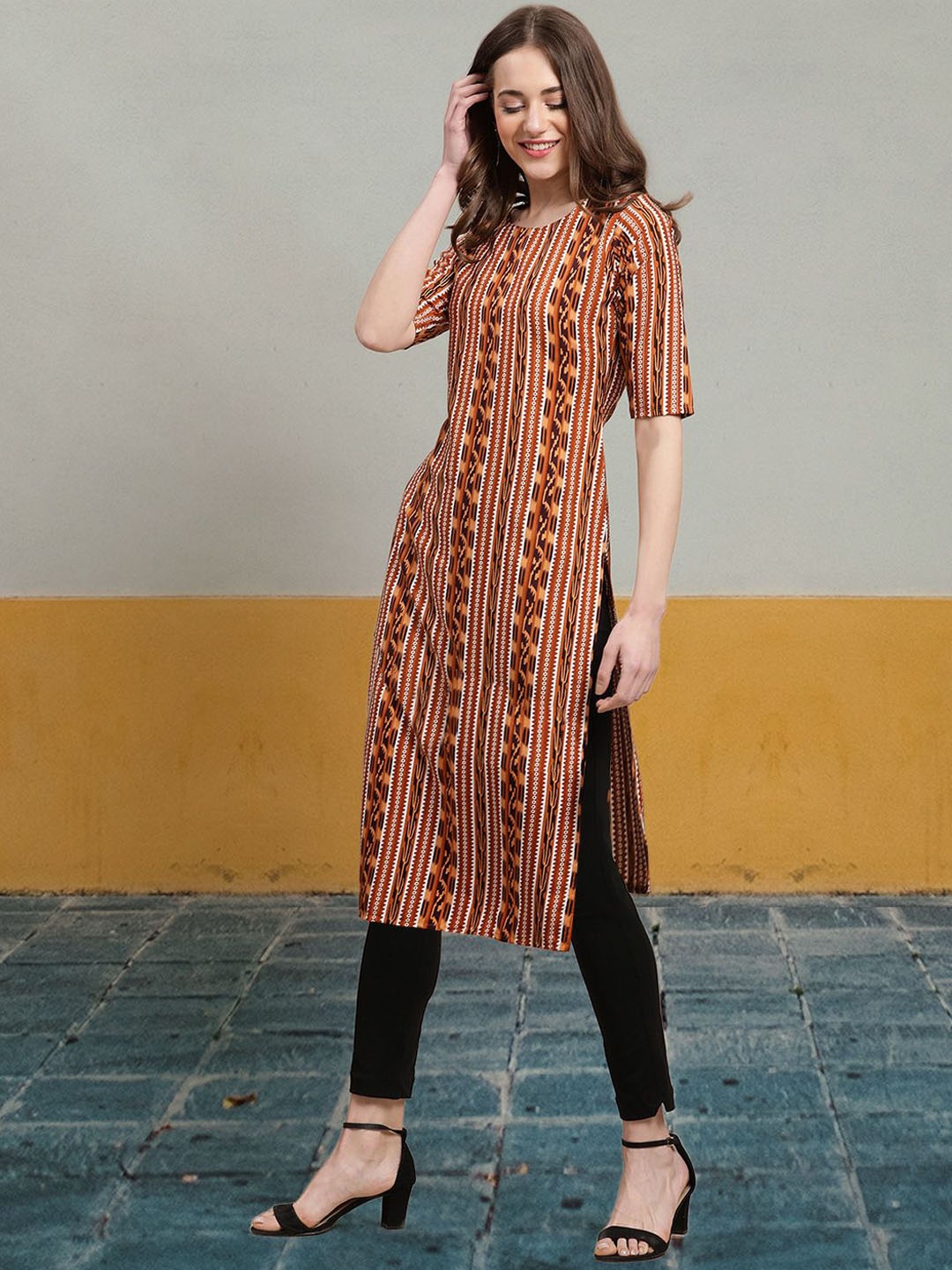 

7Threads Striped Round Neck Crepe Straight Kurta, Brown