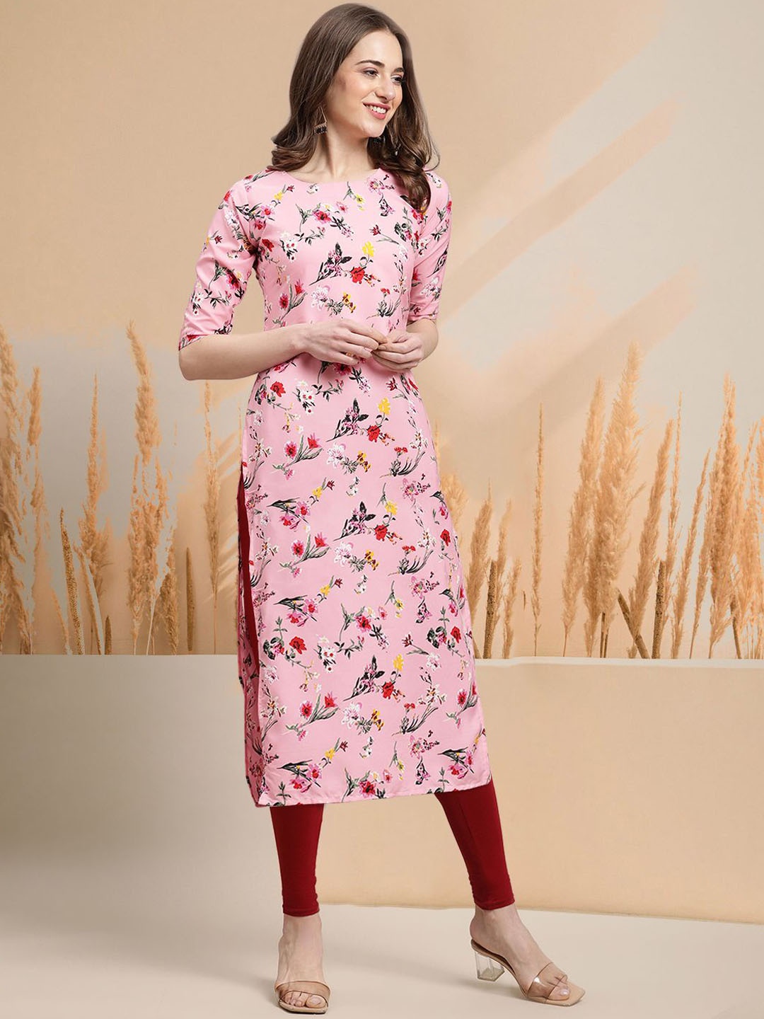 

7Threads Floral Printed Round Neck Straight Kurta, Pink