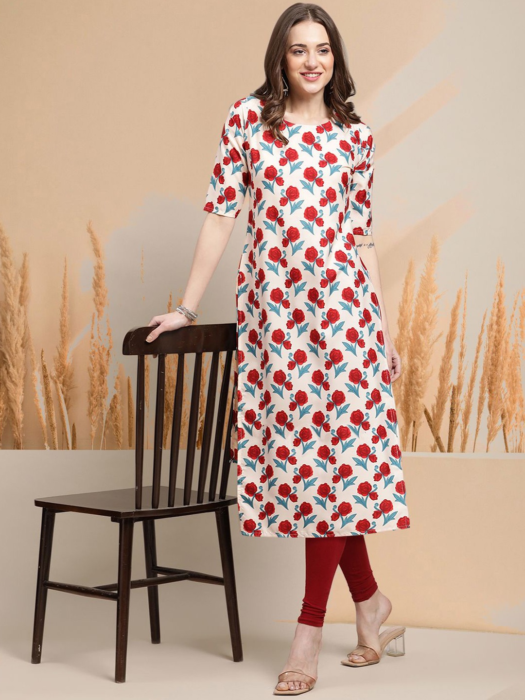 

7Threads Floral Printed Round Neck Straight Kurta, Red