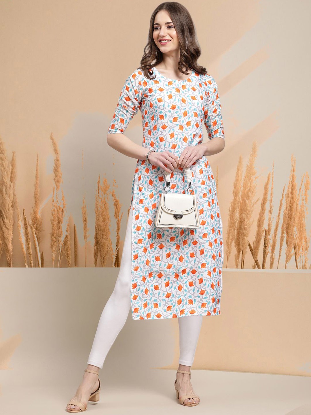 

7Threads Floral Printed Round Neck Straight Kurta, White