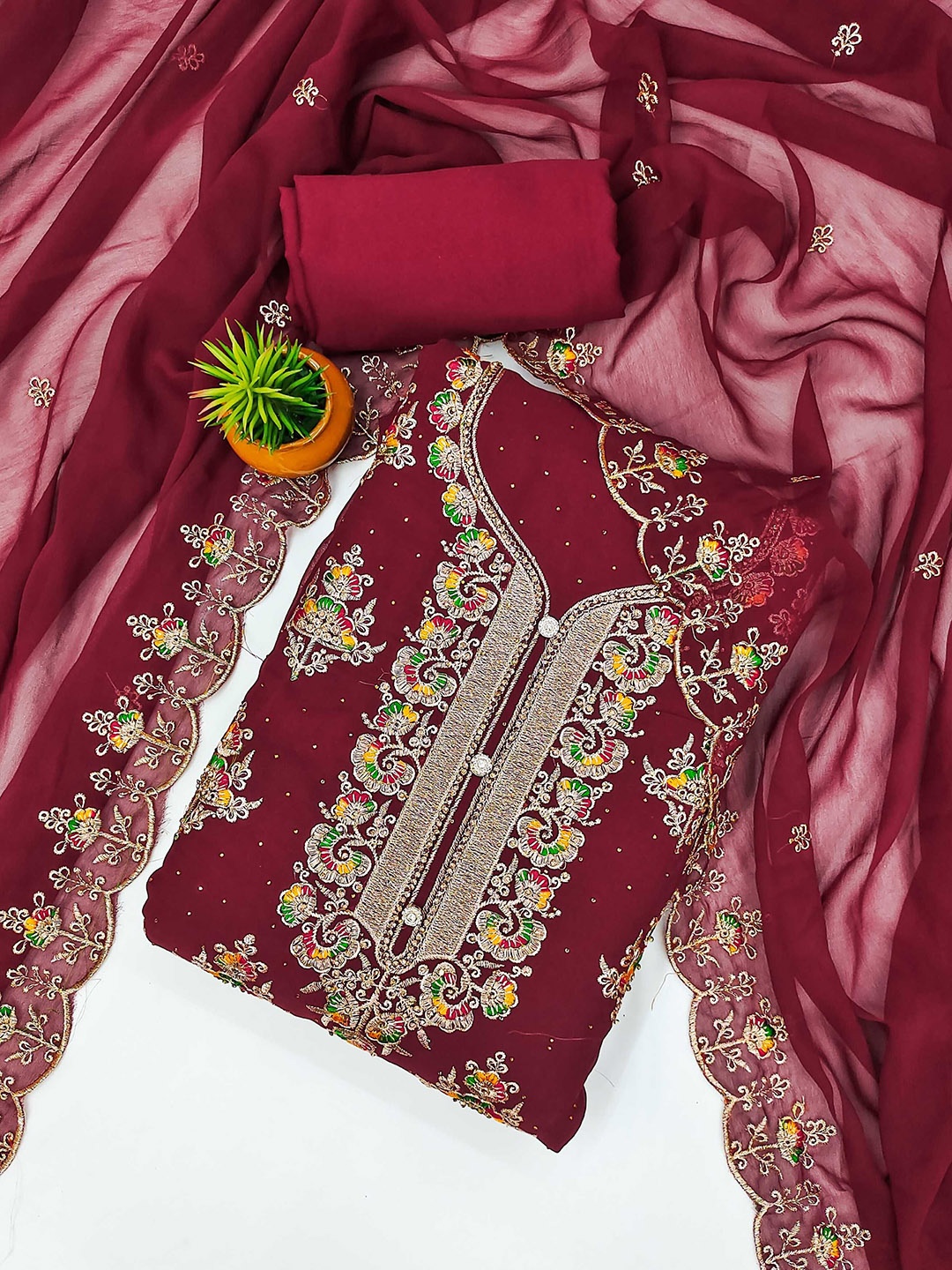 

KALINI Ethnic Motifs Embroidered Beads and Stones Georgette Unstitched Dress Material, Maroon