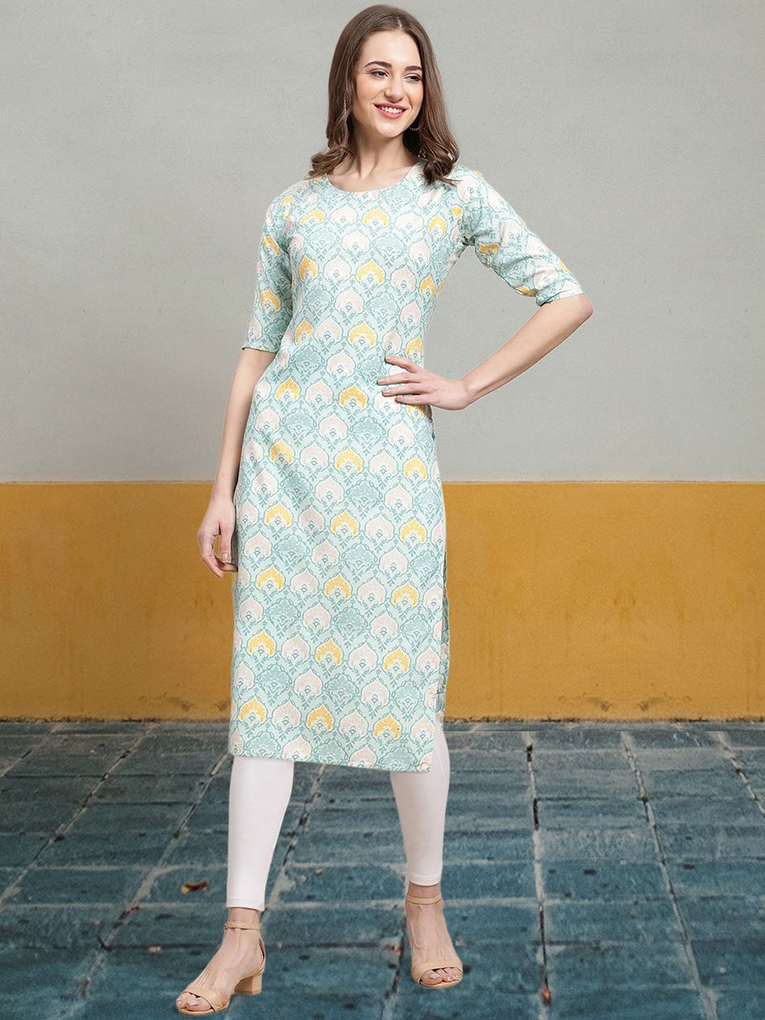 

7Threads Ethnic Motifs Printed Round Neck Straight Kurta, Blue