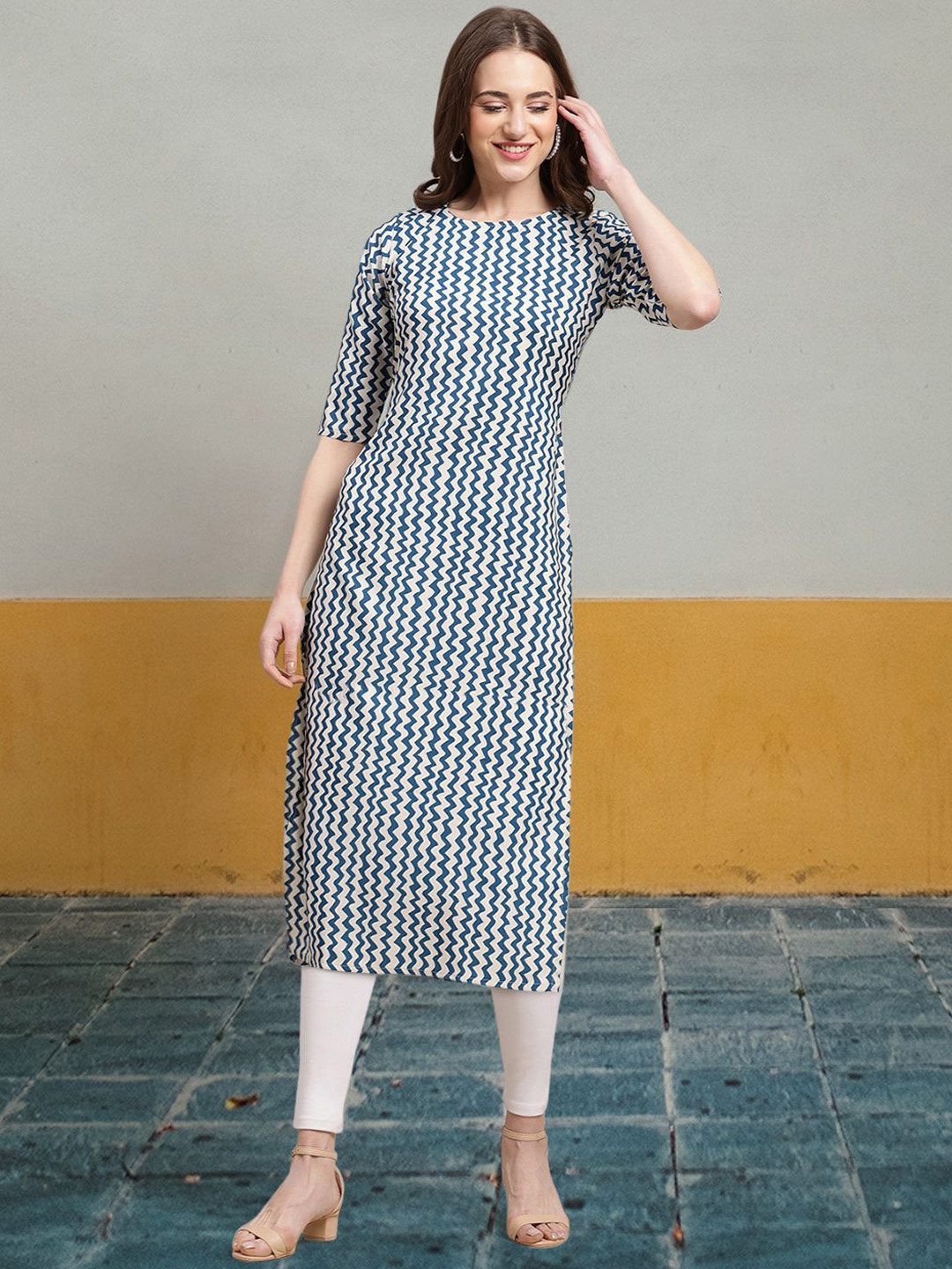 

7Threads Chevron Printed Round Neck Crepe Straight Kurta, White