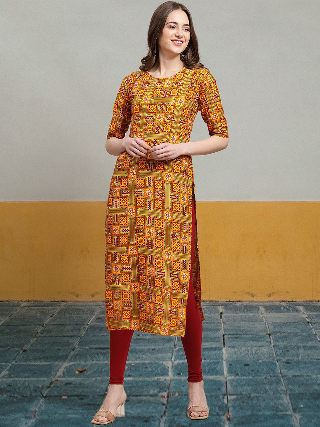 

7Threads Ethnic Motifs Printed Round Neck Crepe Straight Kurta, Mustard