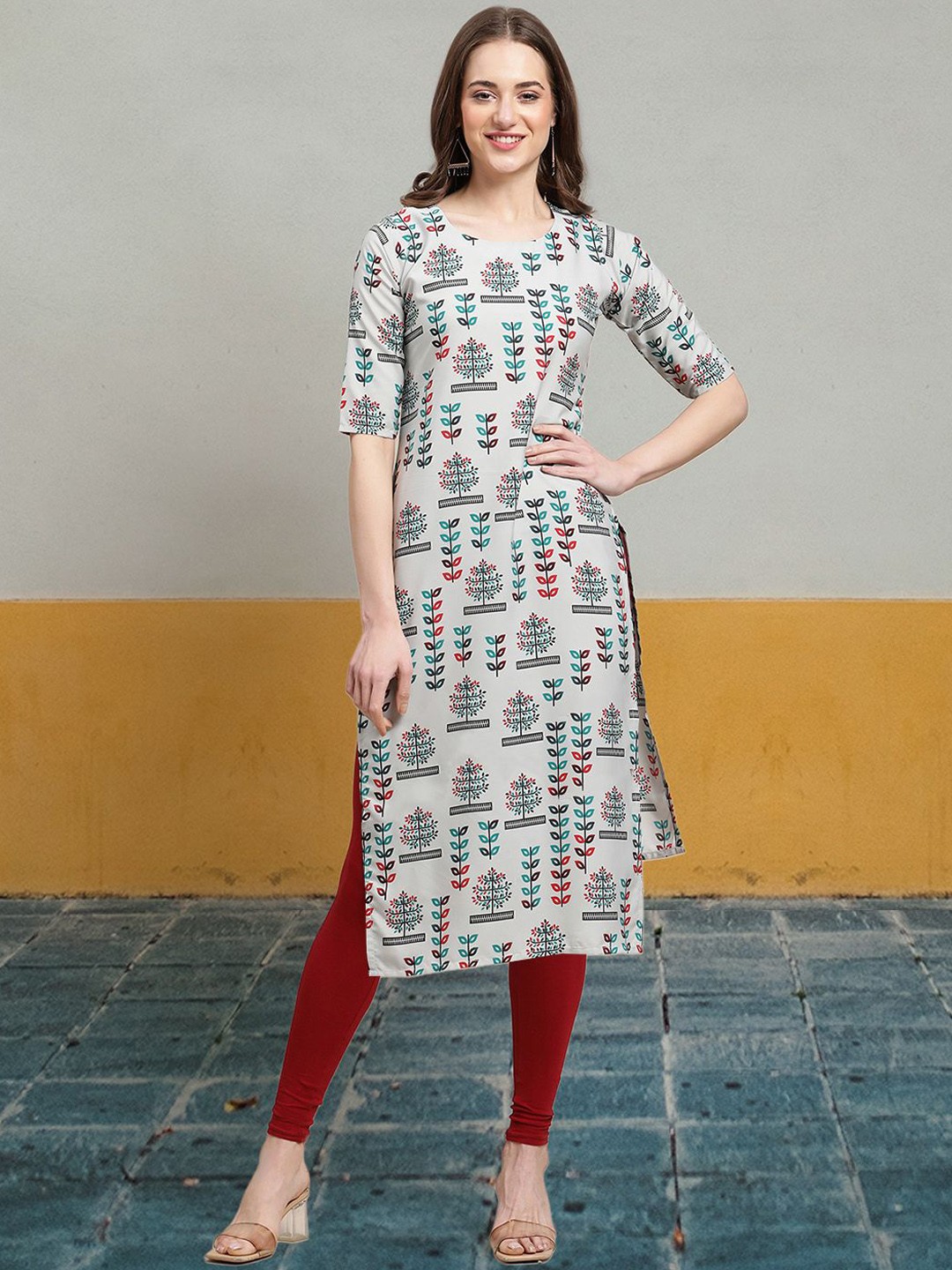 

7Threads Ethnic Motifs Printed Round Neck Crepe Straight Kurta, Grey