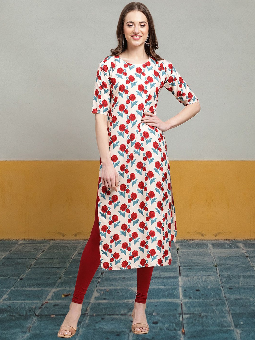 

7Threads Floral Printed Round Neck Crepe Straight Kurta, White