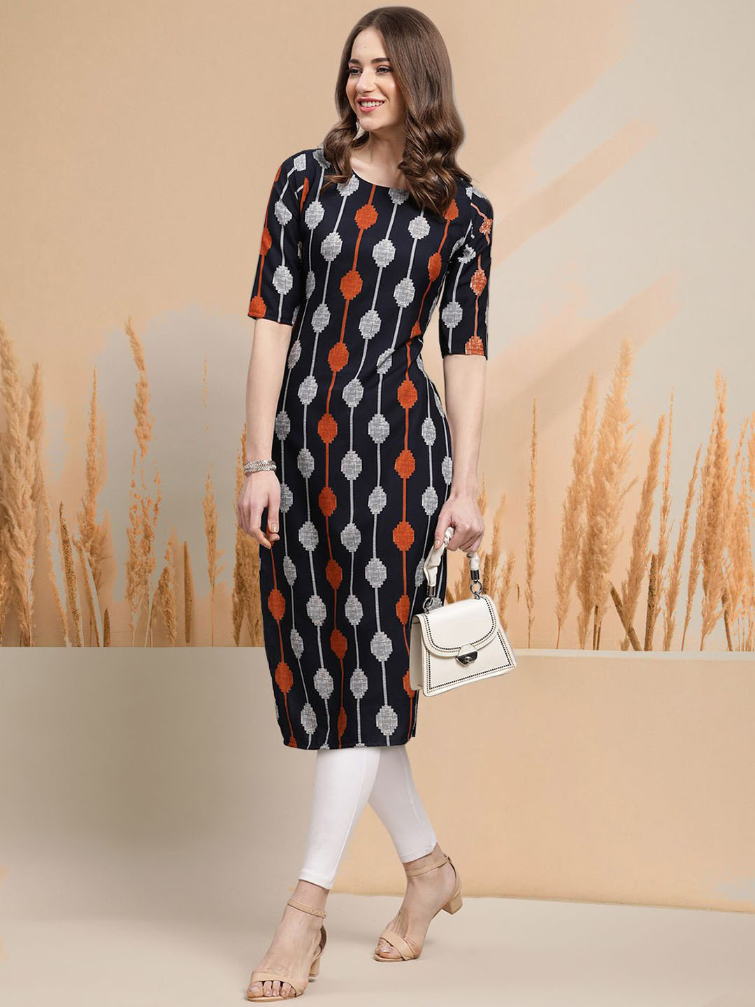 

7Threads Geometric Printed Round Neck Crepe Straight Kurta, Black