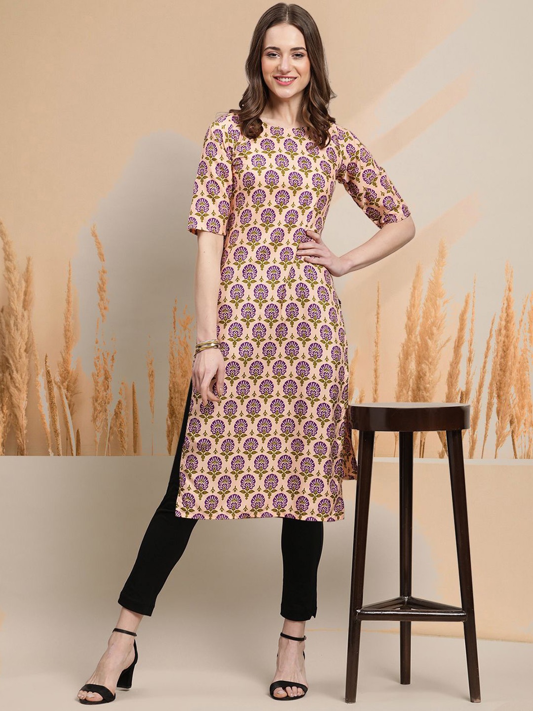 

7Threads Ethnic Motifs Printed Round Neck Crepe Straight Kurta, Beige