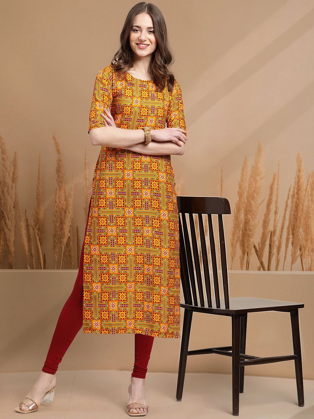 

7Threads Women Ethnic Motifs Printed Round Neck Crepe Straight Kurta, Mustard