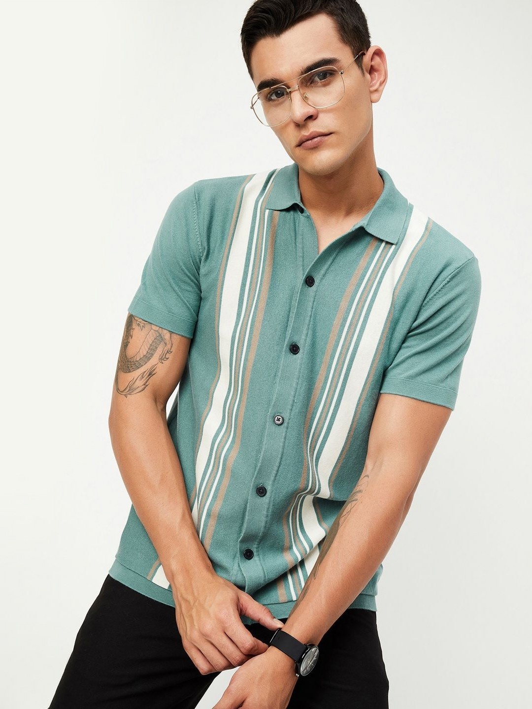 

max Men Striped Spread Collar Shirt, Sea green