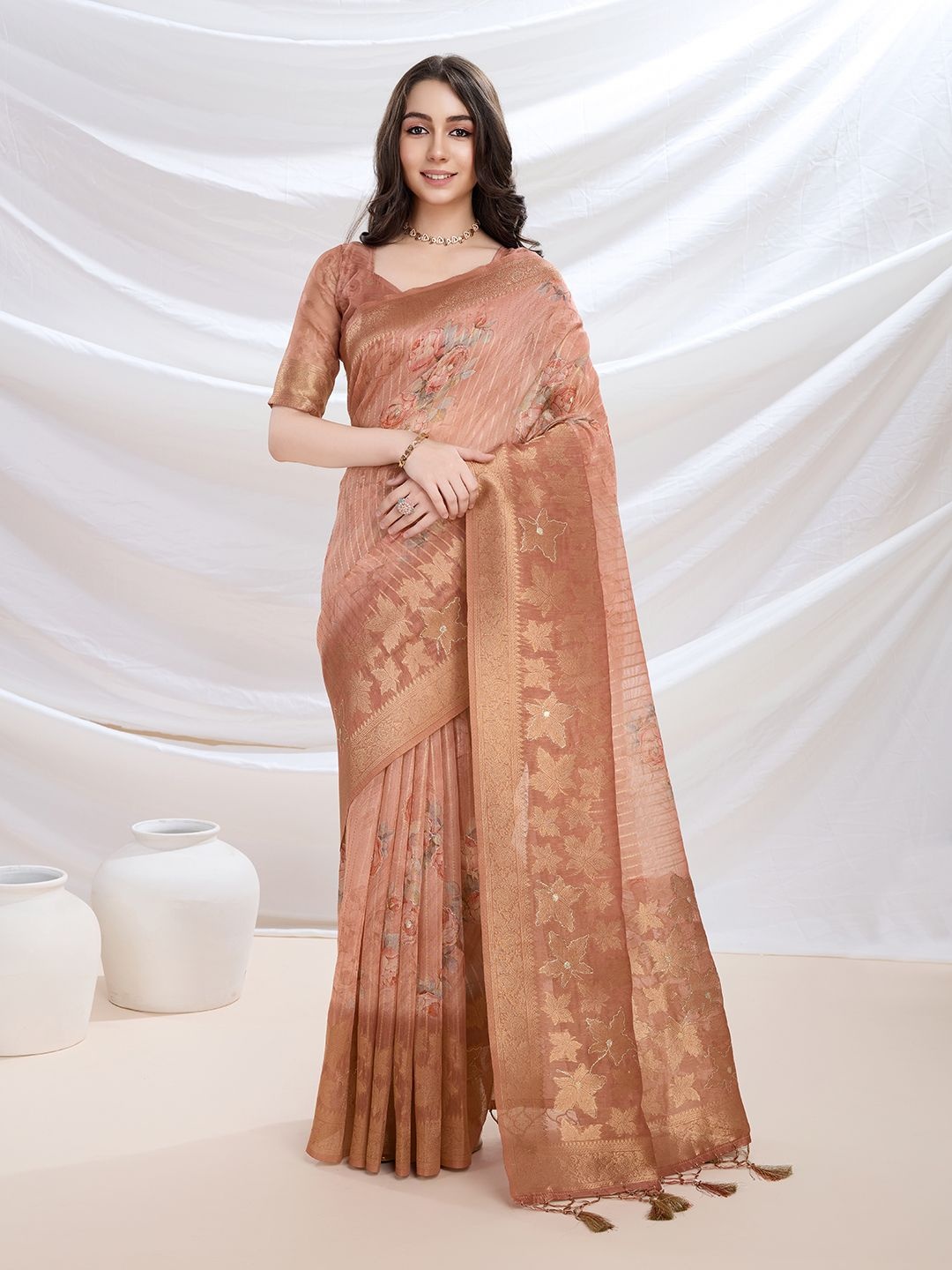 

Ishin Woven Design Zari Saree With Blouse Piece, Coral