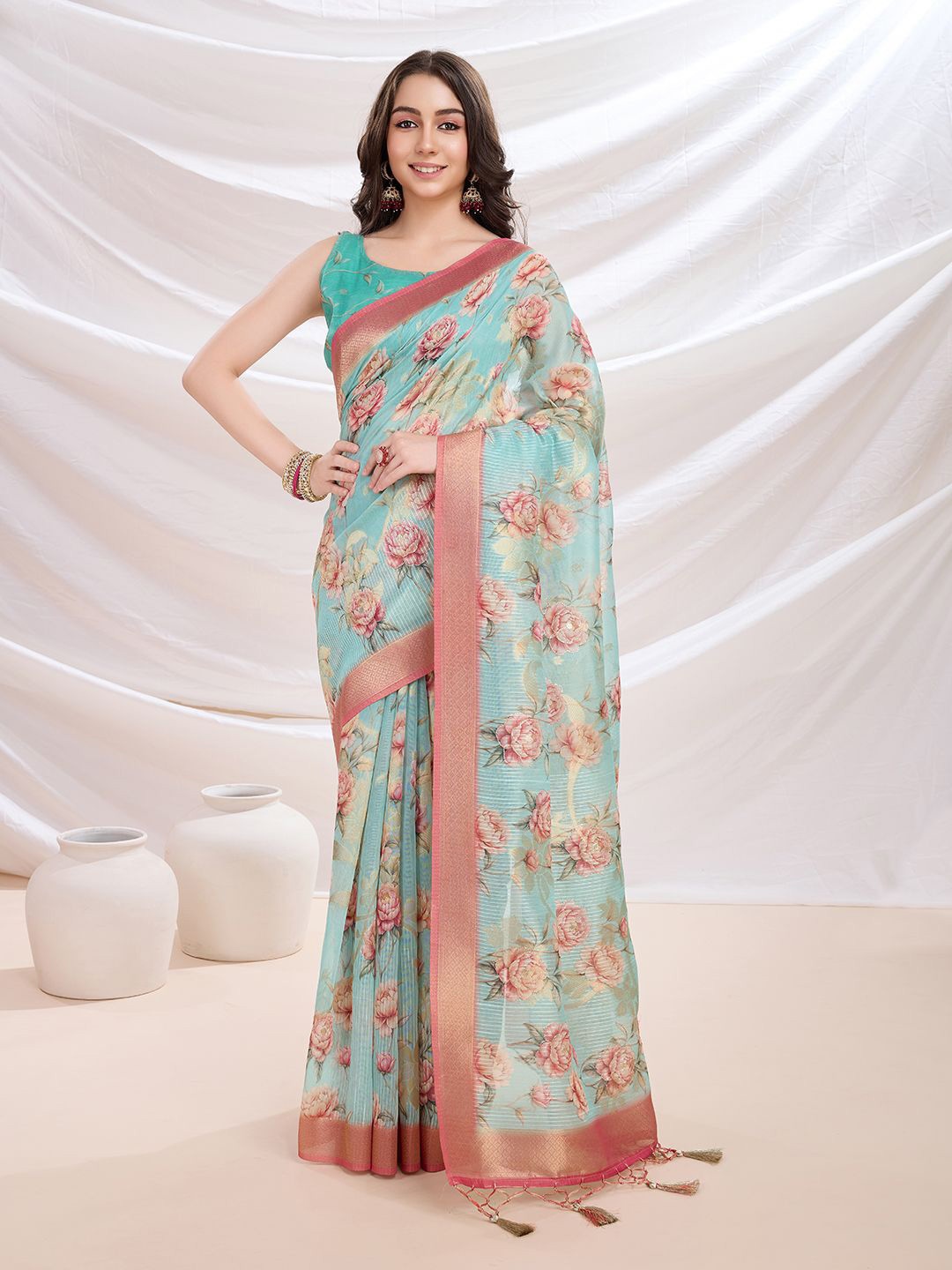 

Ishin Floral Printed Zari Banarasi Saree With Blouse Piece, Turquoise blue