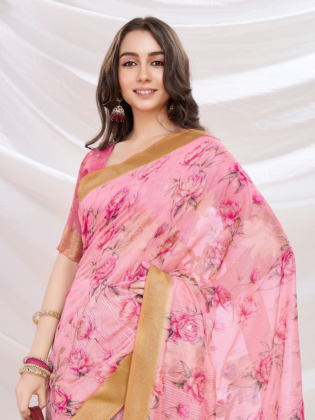 

Ishin Floral Printed Banarasi Saree With Blouse Piece, Pink