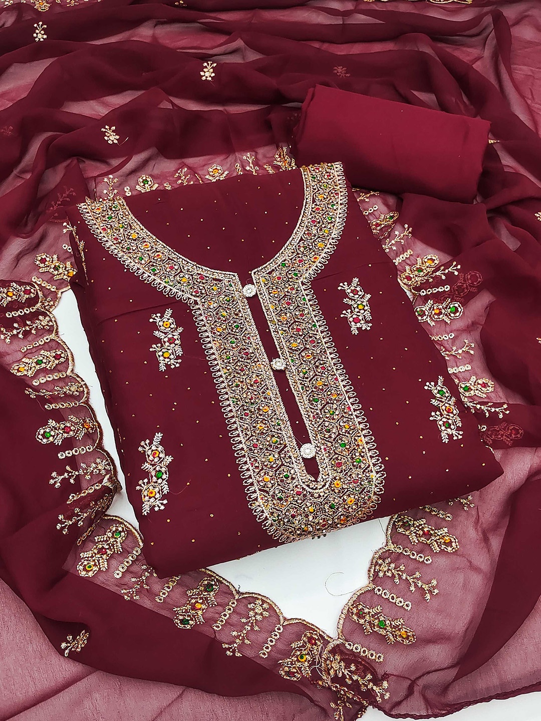 

KALINI Ethnic Motifs Beads and Stones Georgette Unstitched Dress Material, Maroon