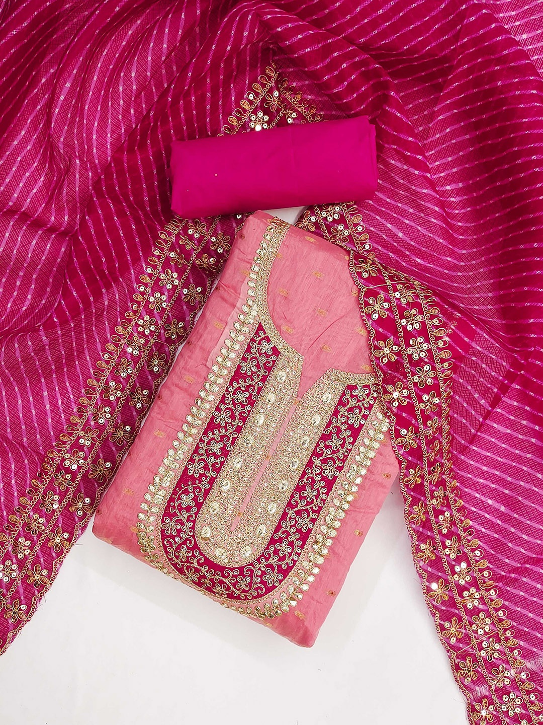 

KALINI Ethnic Motifs Embroidered Sequinned Chanderi Butti Silk Unstitched Dress Material, Pink