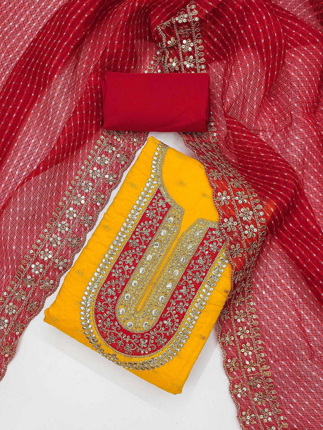 

KALINI Ethnic Motifs Embroidered Sequinned Chanderi Butti Silk Unstitched Dress Material, Yellow