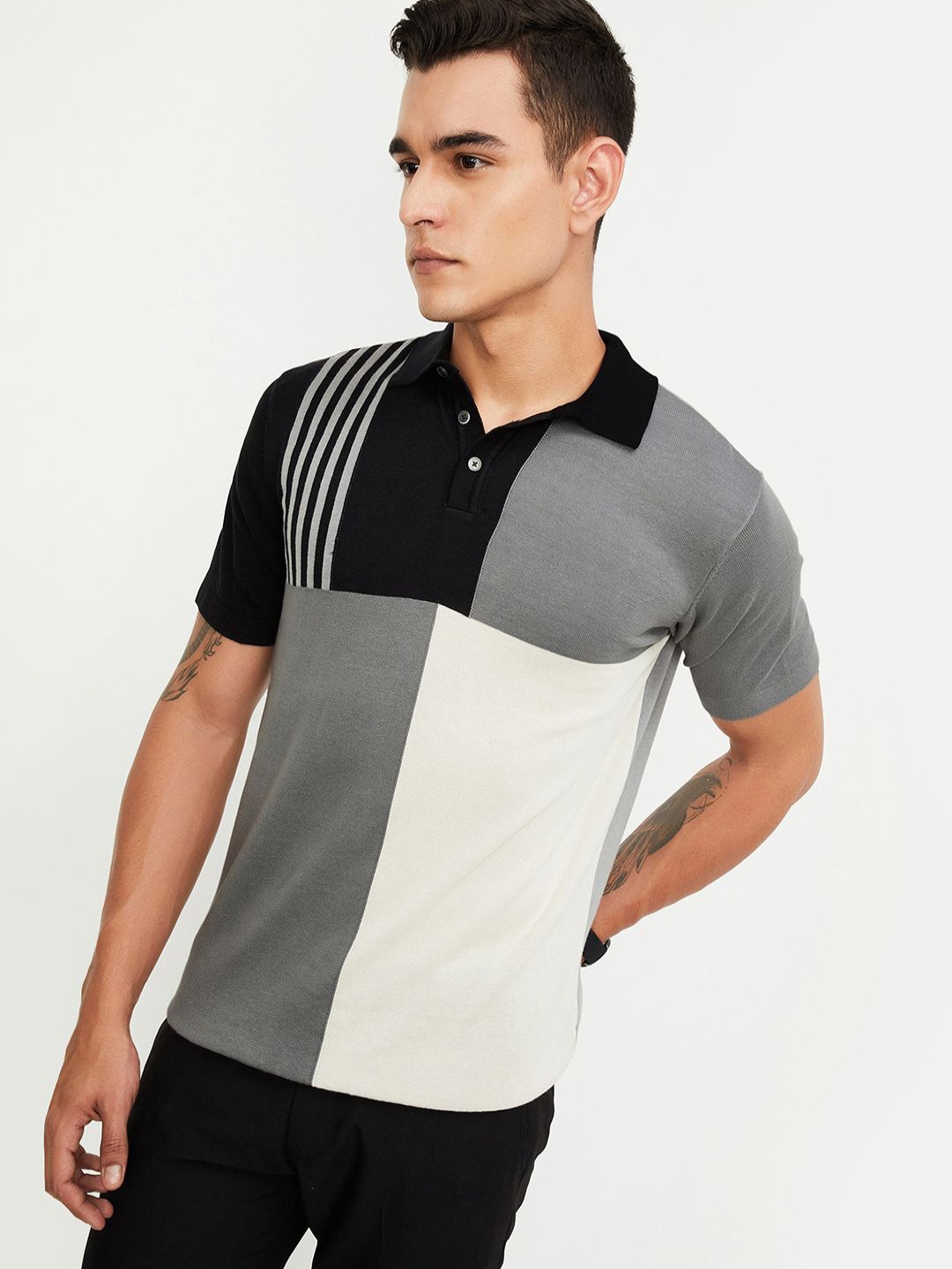 

max Men Colourblocked Polo Collar Cotton T-shirt, Grey