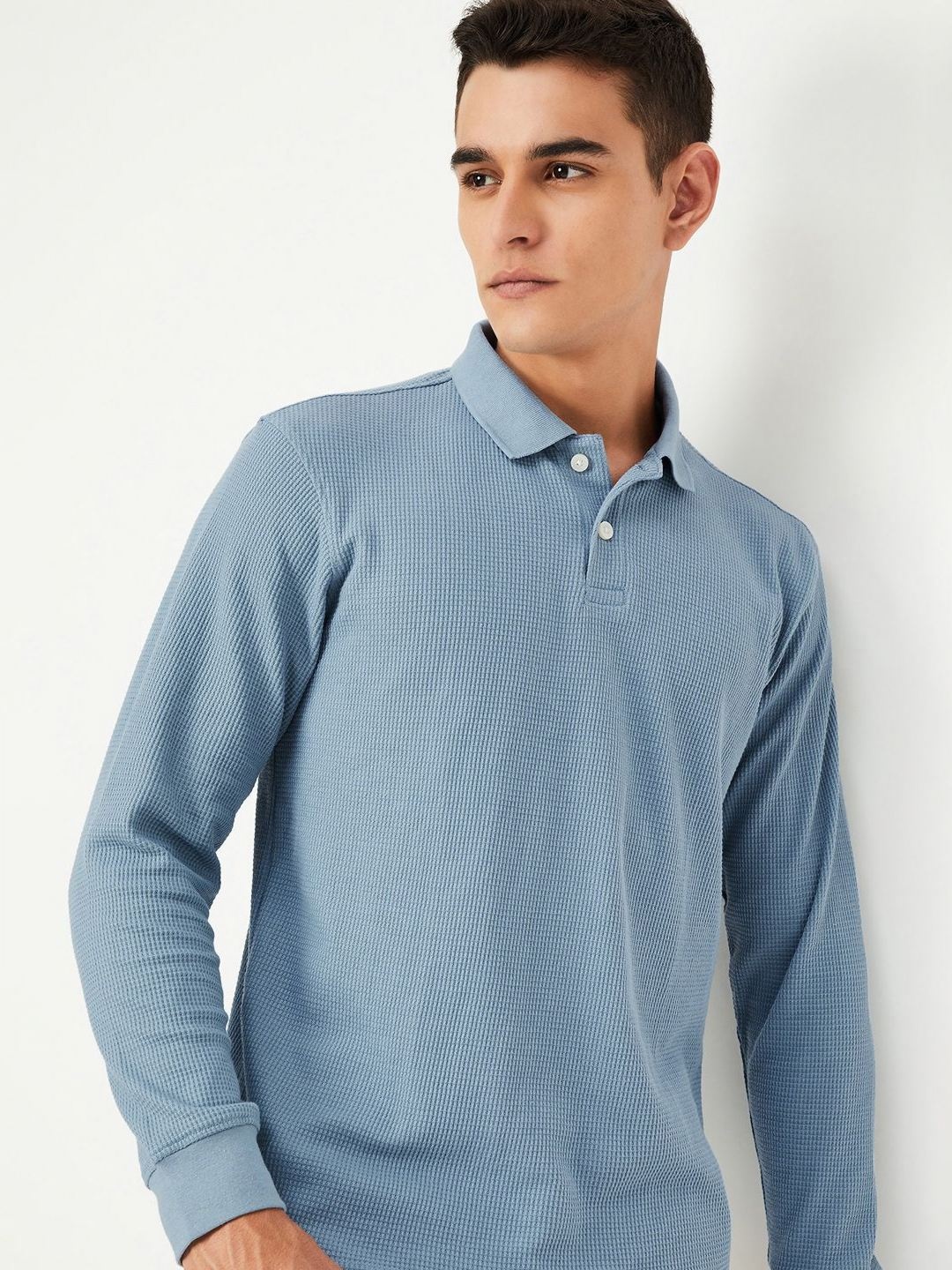 

max Men Self Design Polo Collar Cotton T-shirt, Blue