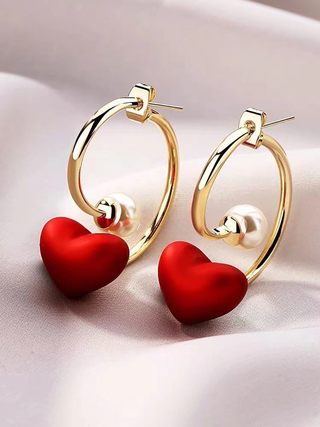 

KRENOZ Rhodium-Plated Pearl Studded Heart Shaped Half Hoop Earrings, Red