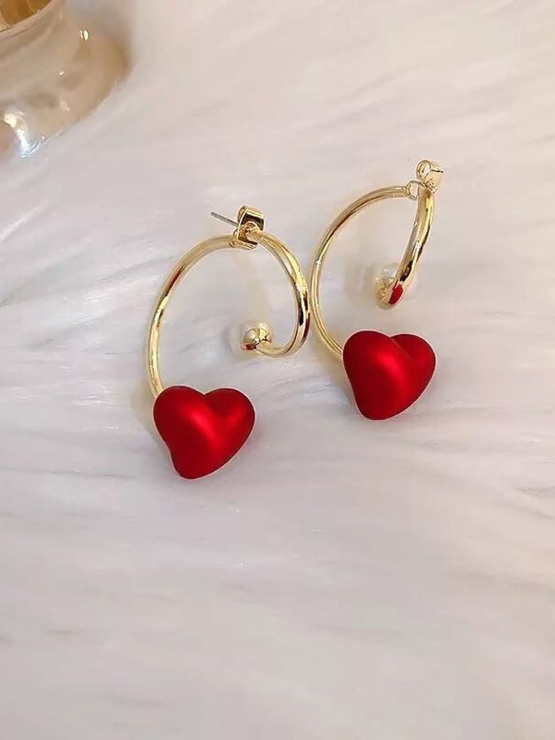 

KRENOZ Rhodium-Plated Pearl Studded Heart Shaped Half Hoop Earrings, Red