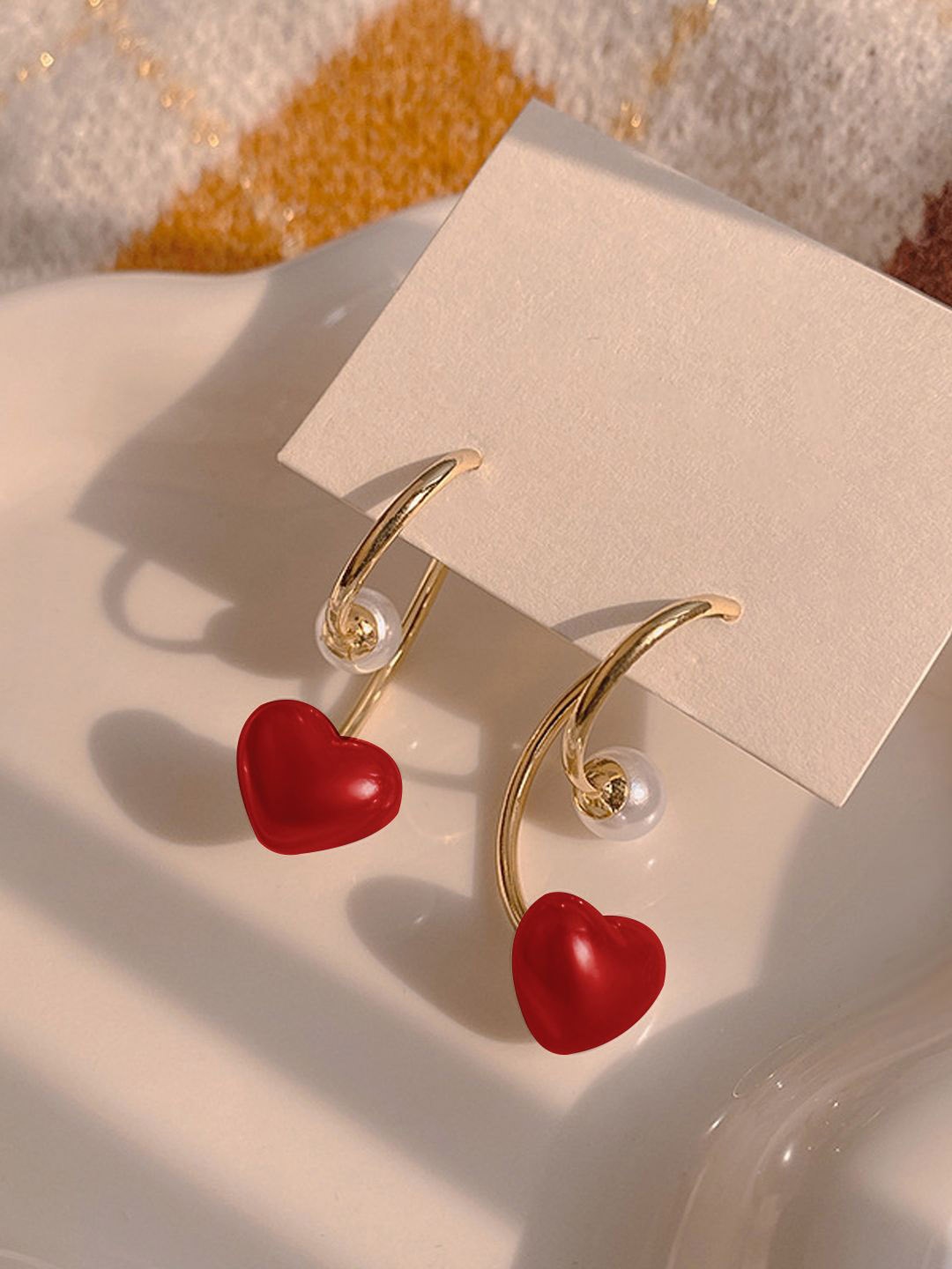 

KRENOZ Rhodium-Plated Pearl Studded Heart Shaped Half Hoop Earrings, Red