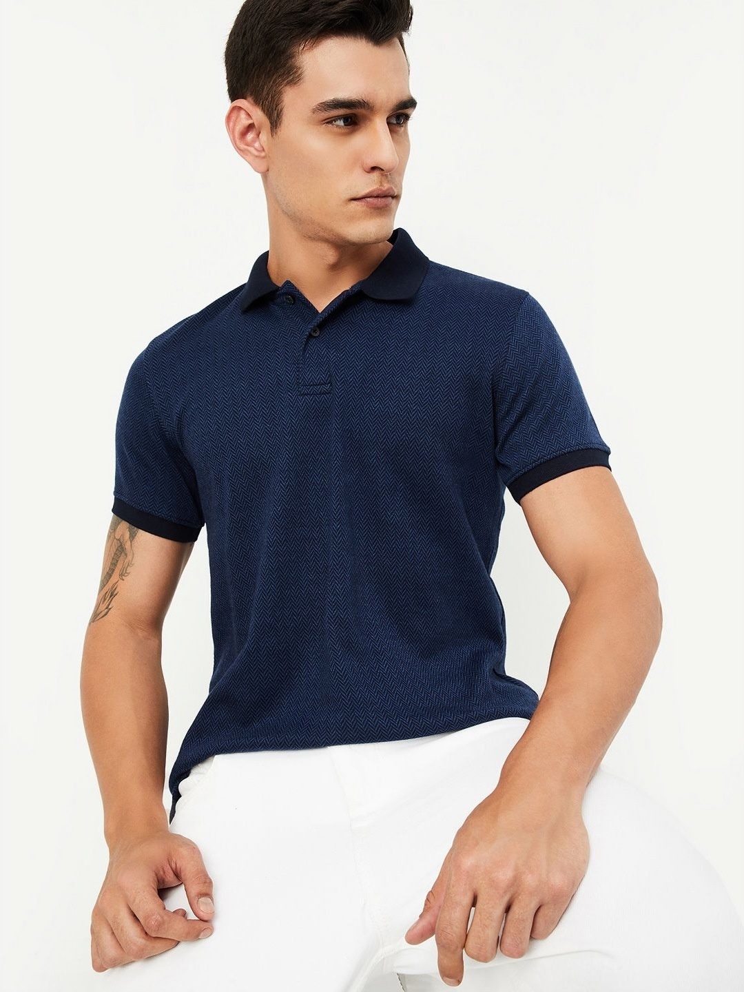 

max Men Self Design Polo Collar Cotton T-shirt, Navy blue