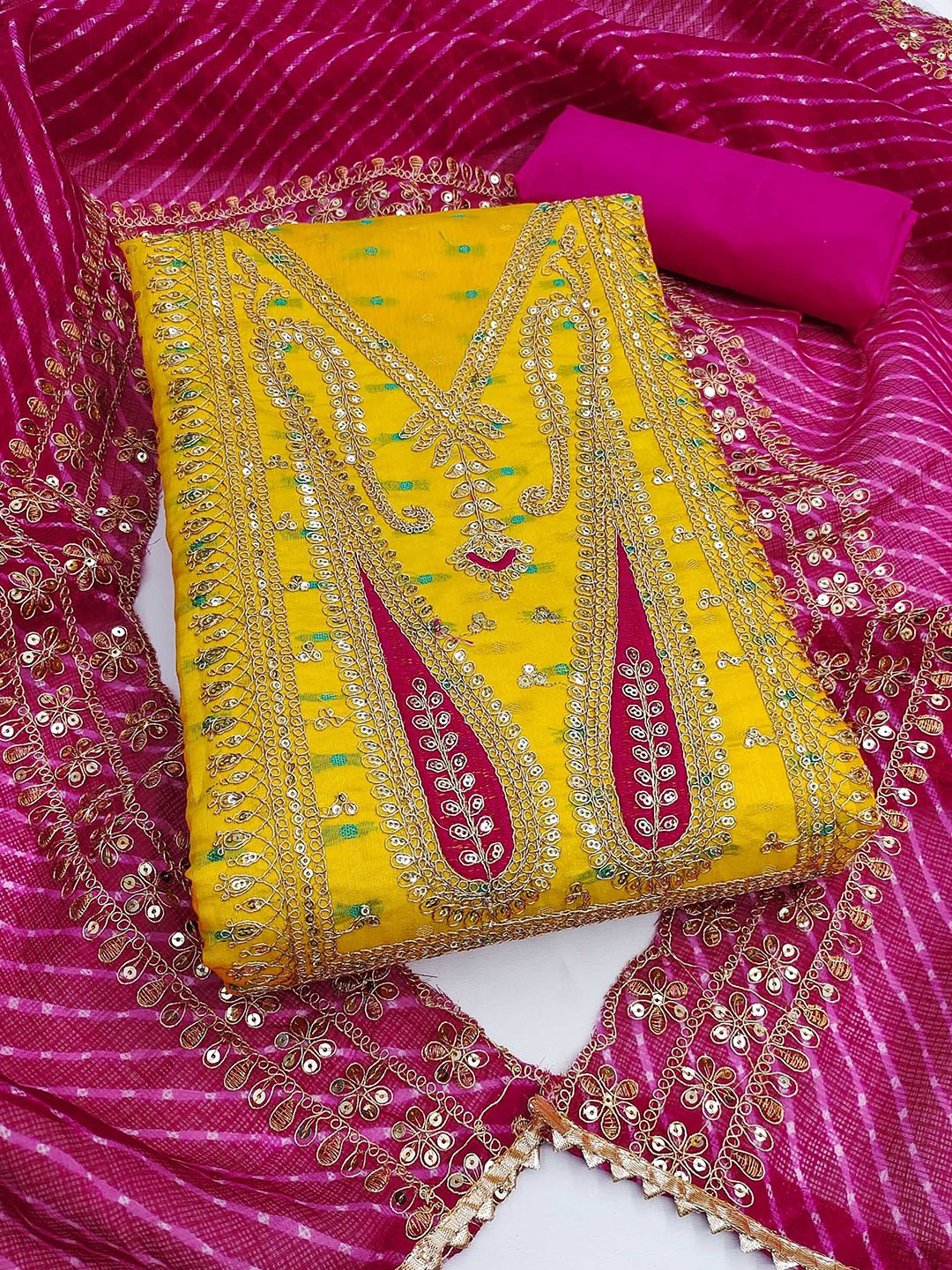 

KALINI Paisley Embroidered Sequinned Chanderi Butti Silk Unstitched Dress Material, Yellow