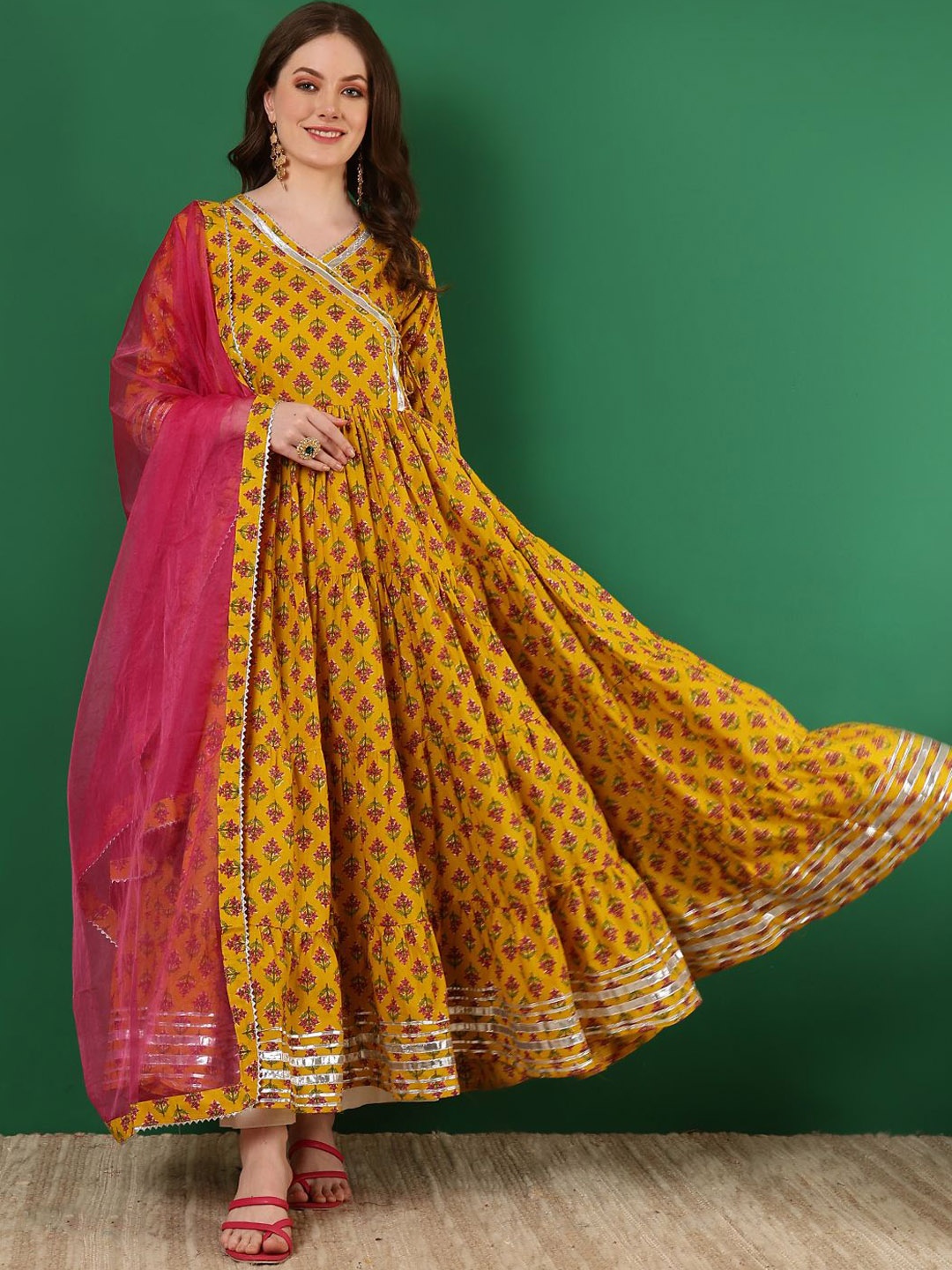 

WOMENCLICK Floral Printed Angraha Gotta Patti Anarkali Kurta With Dupatta, Yellow