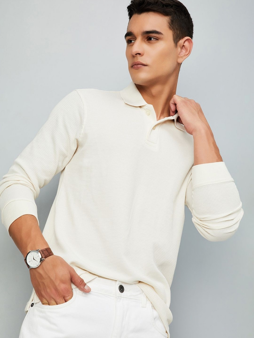 

max Men Self Design Polo Collar Cotton T-shirt, Off white