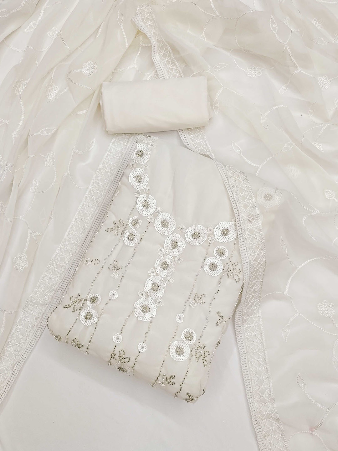 KALINI Geometric Embroidered Sequinned Georgette Unstitched Dress Material, White